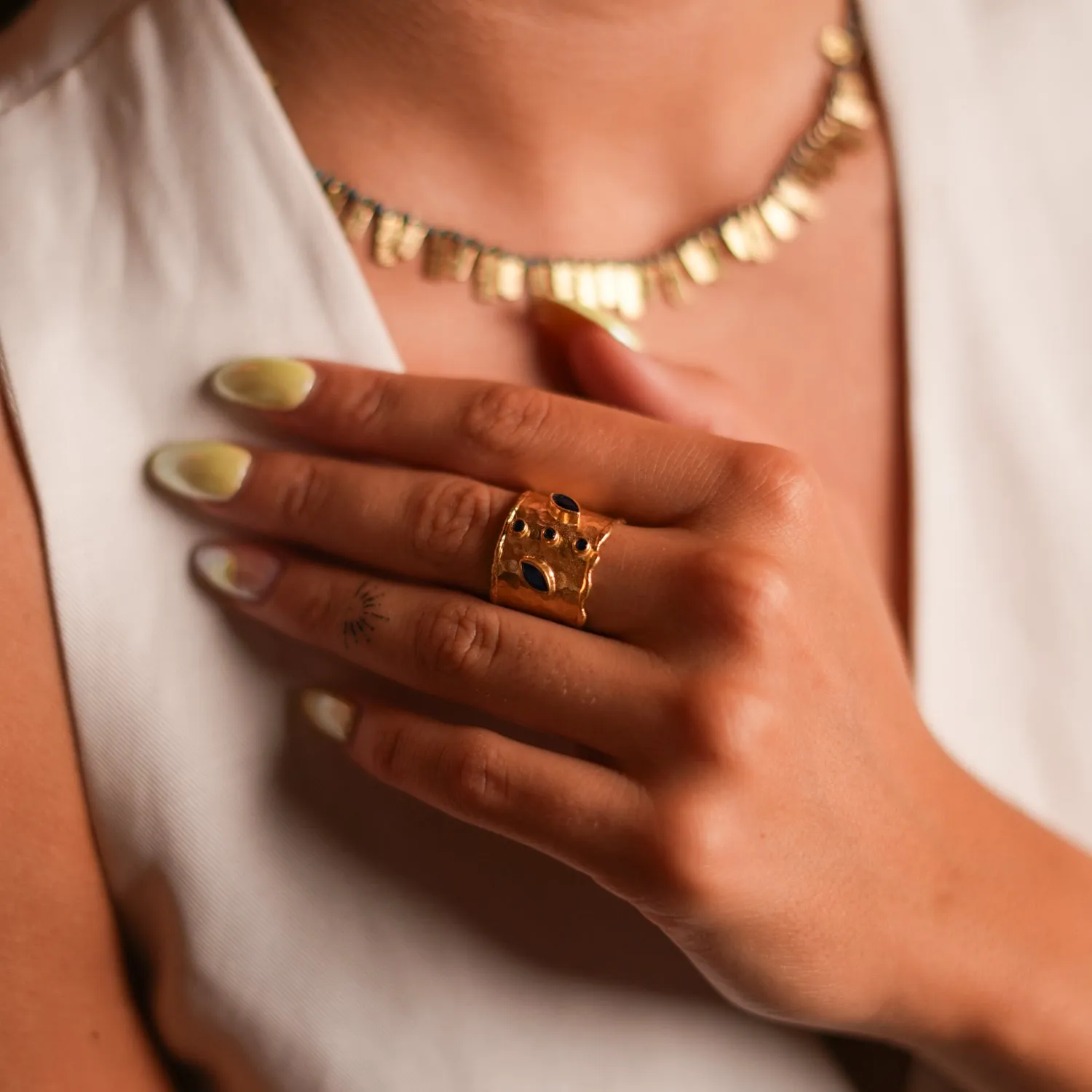 Mystic Sapphire & Gold Chunky Cuff Ring