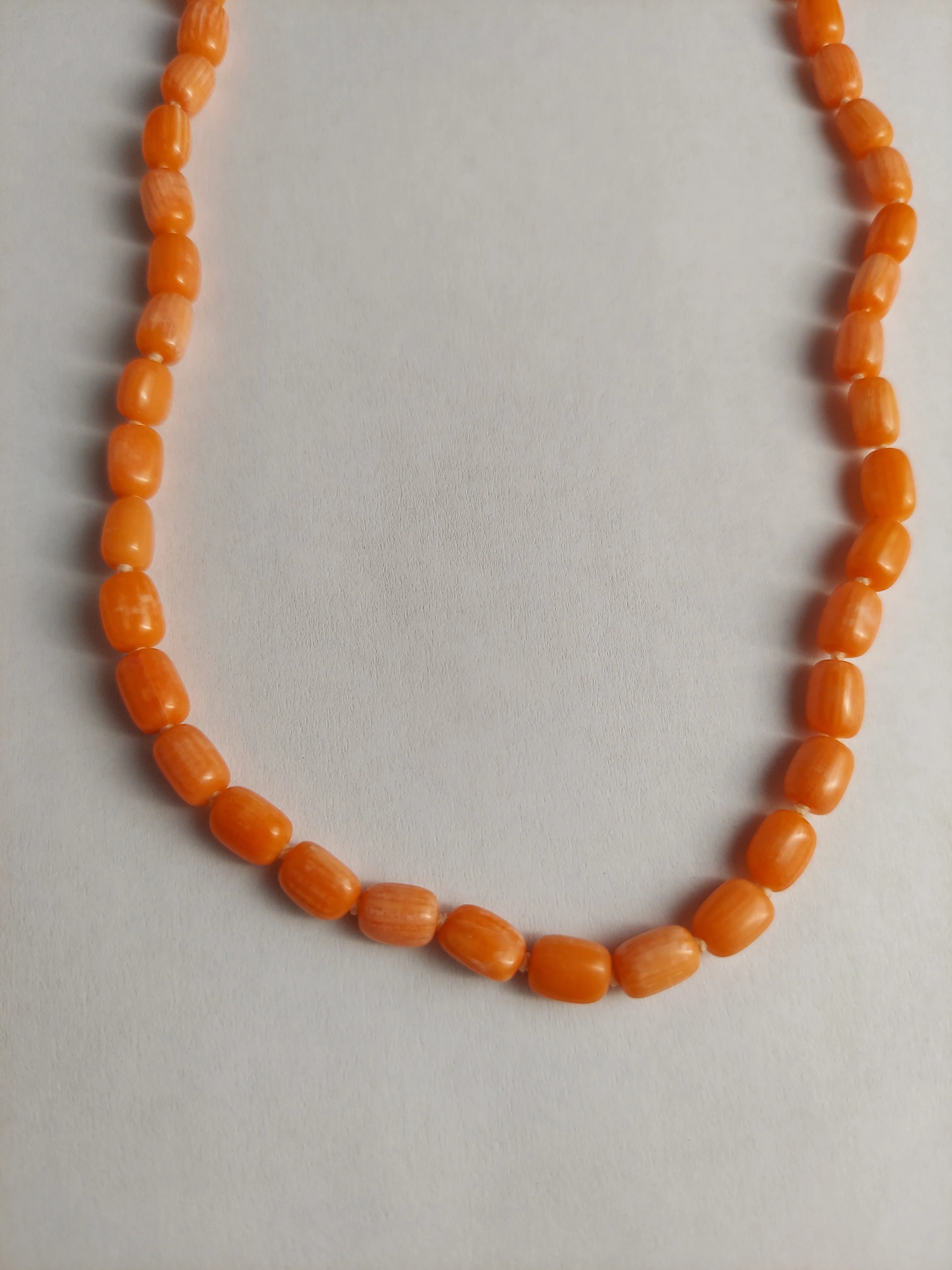 Natural Coral Barrel Bead Necklace, Hand knotted Natural Coral, Coral Necklace.