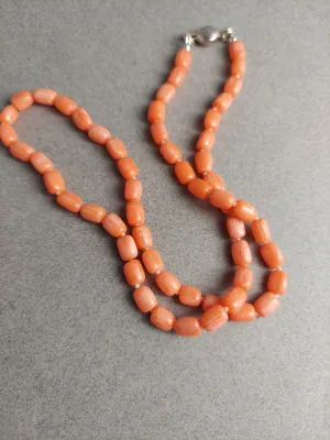 Natural Coral Barrel Bead Necklace, Hand knotted Natural Coral, Coral Necklace.