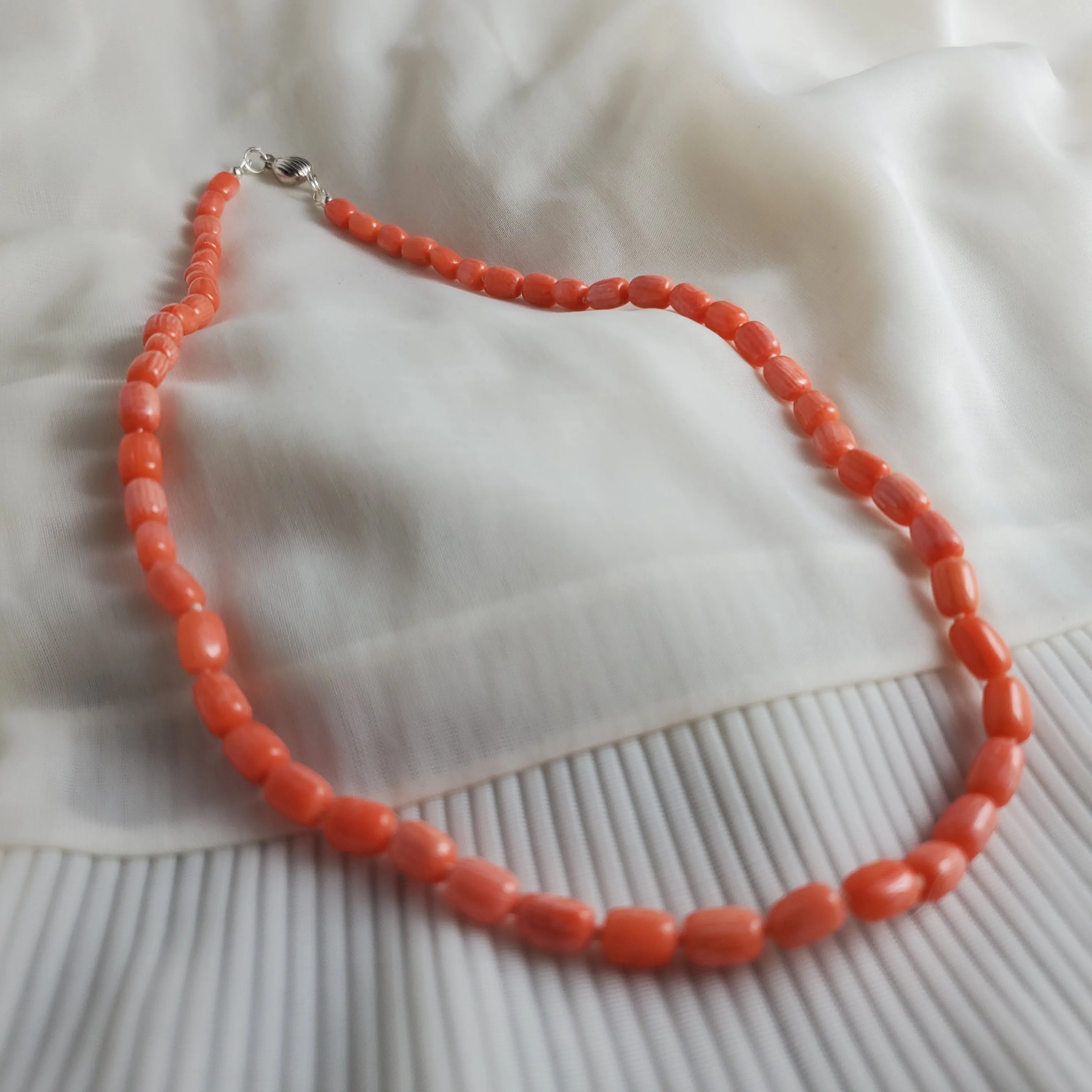 Natural Coral Barrel Bead Necklace, Hand knotted Natural Coral, Coral Necklace.