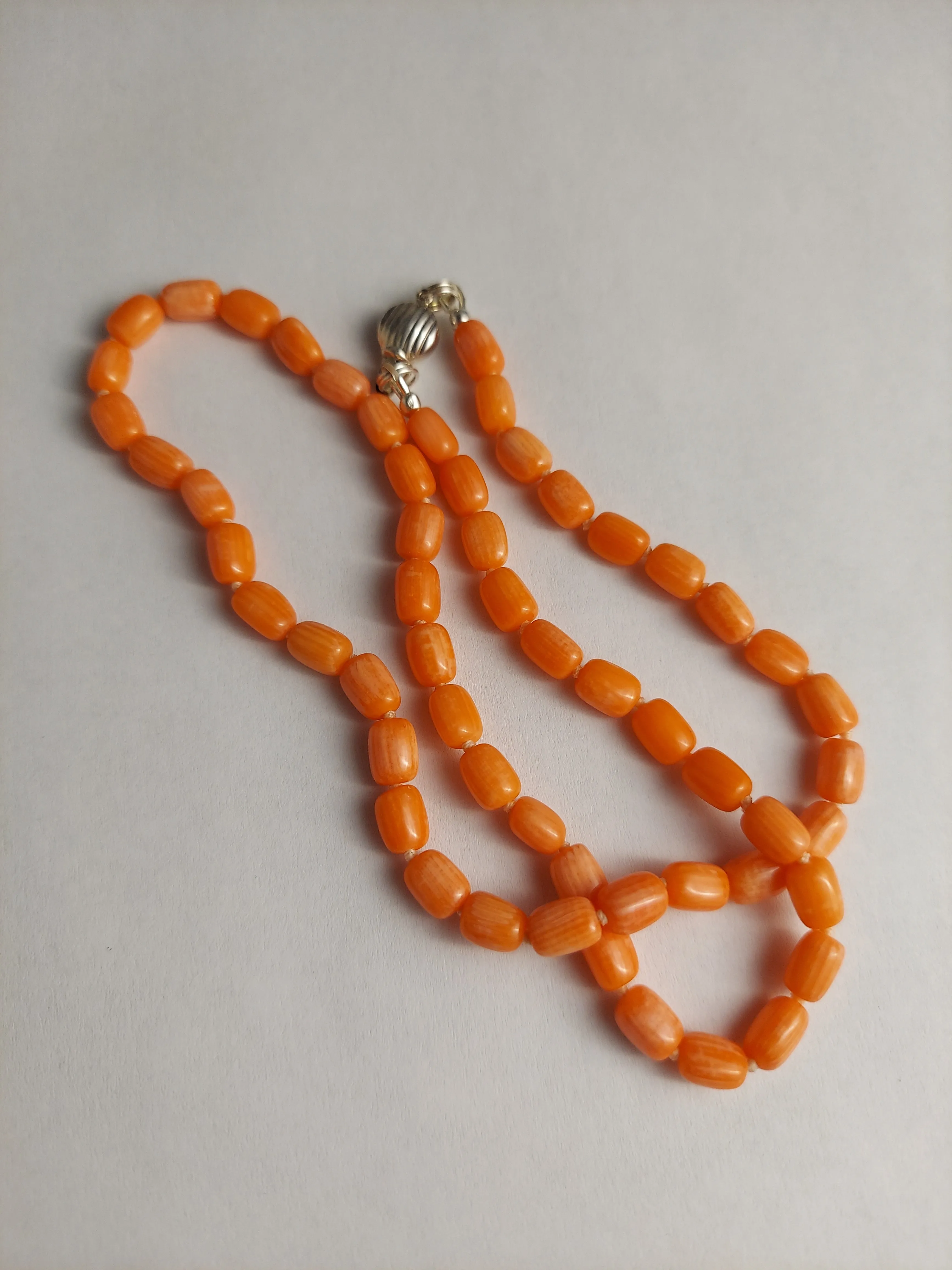 Natural Coral Barrel Bead Necklace, Hand knotted Natural Coral, Coral Necklace.