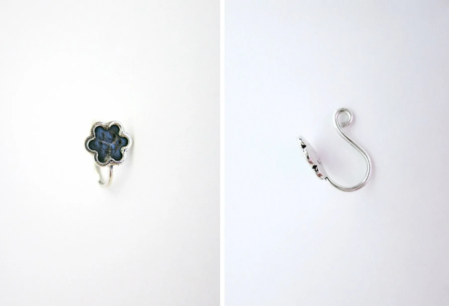 Oxidized, hammer-finish floral nose pin
