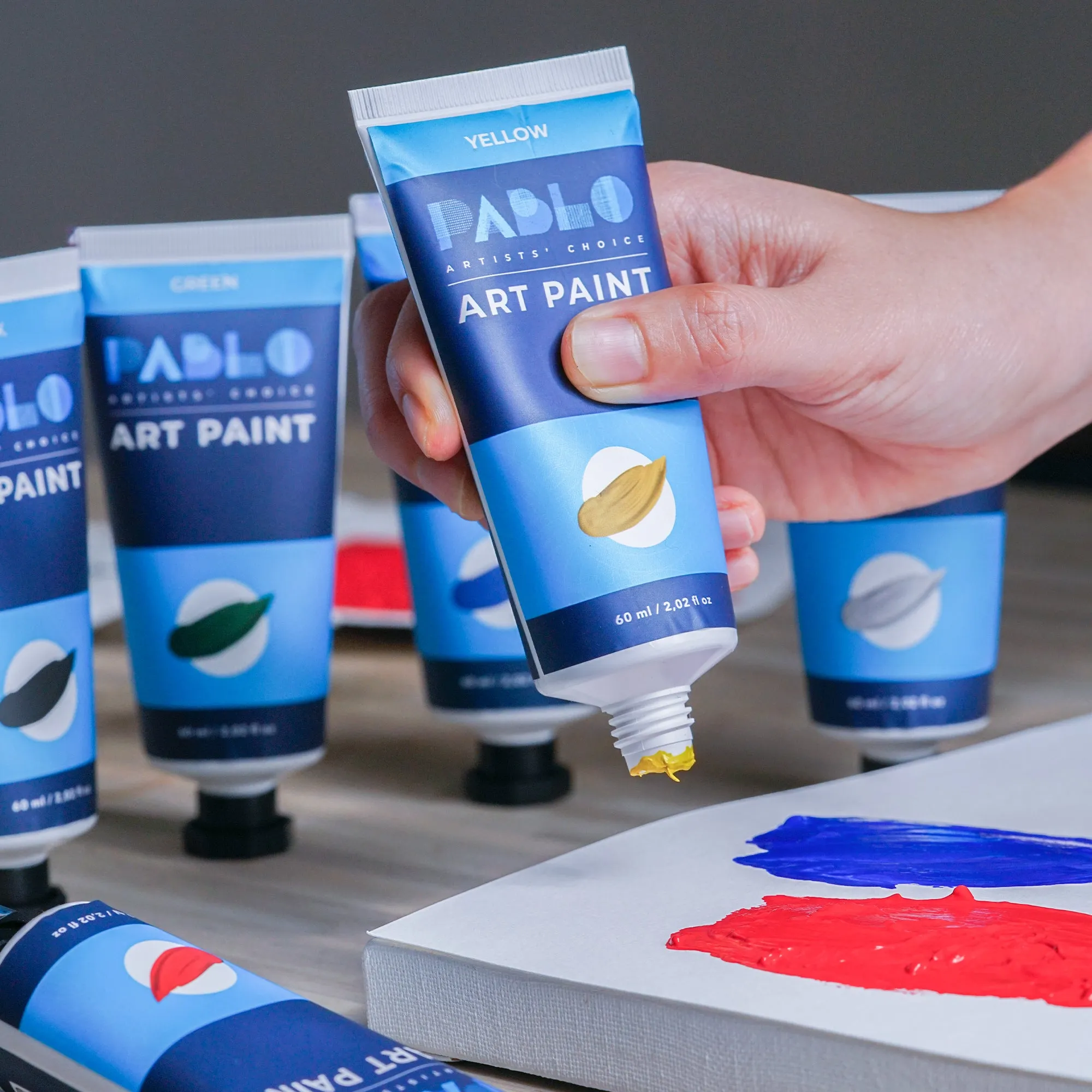 Pablo Acrylic Paint Set Professional, Six Essential Primary Colors (Black, Blue, White, Green, Yellow, Red) - Versatile, Premium Quality Paint for Canvas, Fabric, & Wood, (2.02 fl oz/60ml) Pack of 6