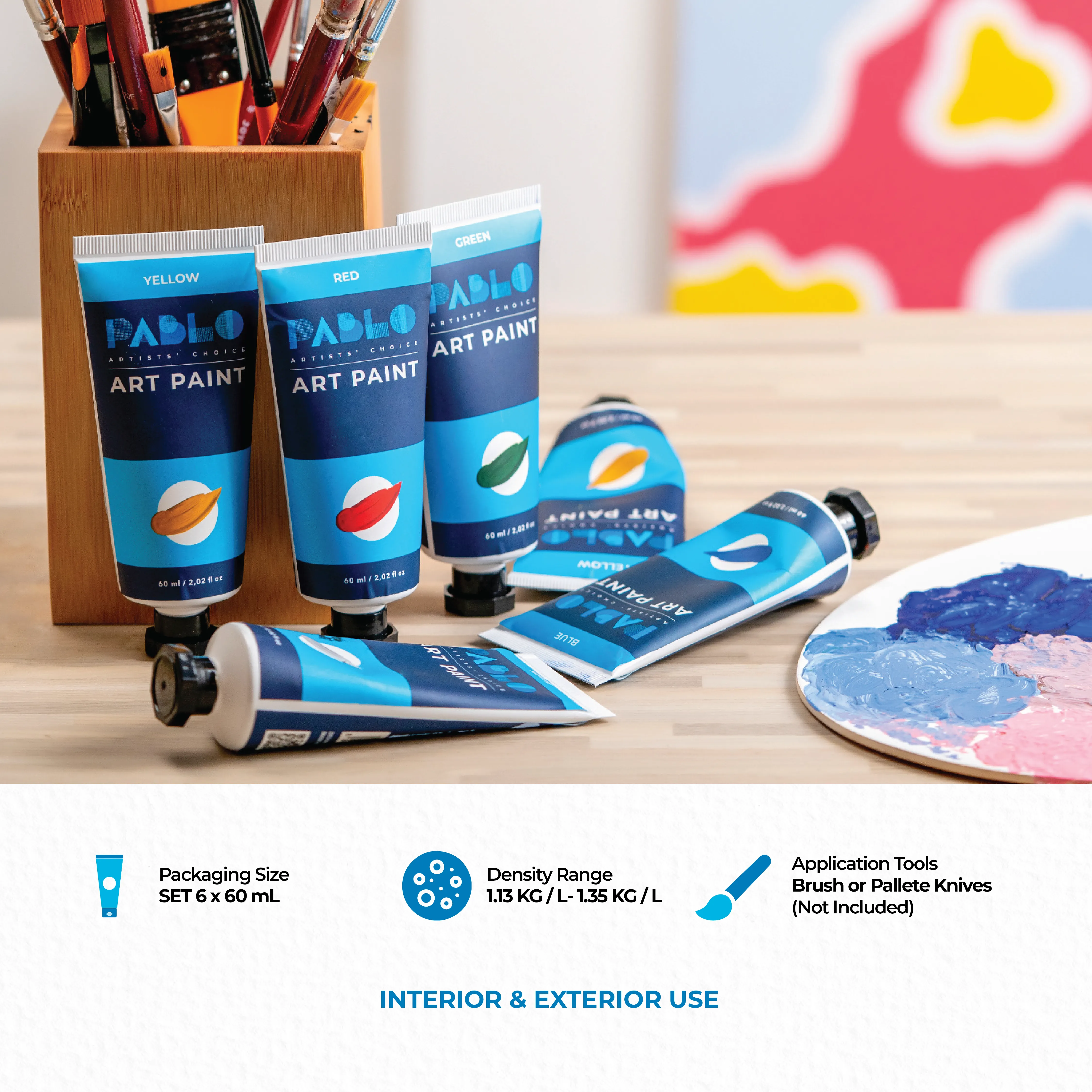 Pablo Acrylic Paint Set Professional, Six Essential Primary Colors (Black, Blue, White, Green, Yellow, Red) - Versatile, Premium Quality Paint for Canvas, Fabric, & Wood, (2.02 fl oz/60ml) Pack of 6