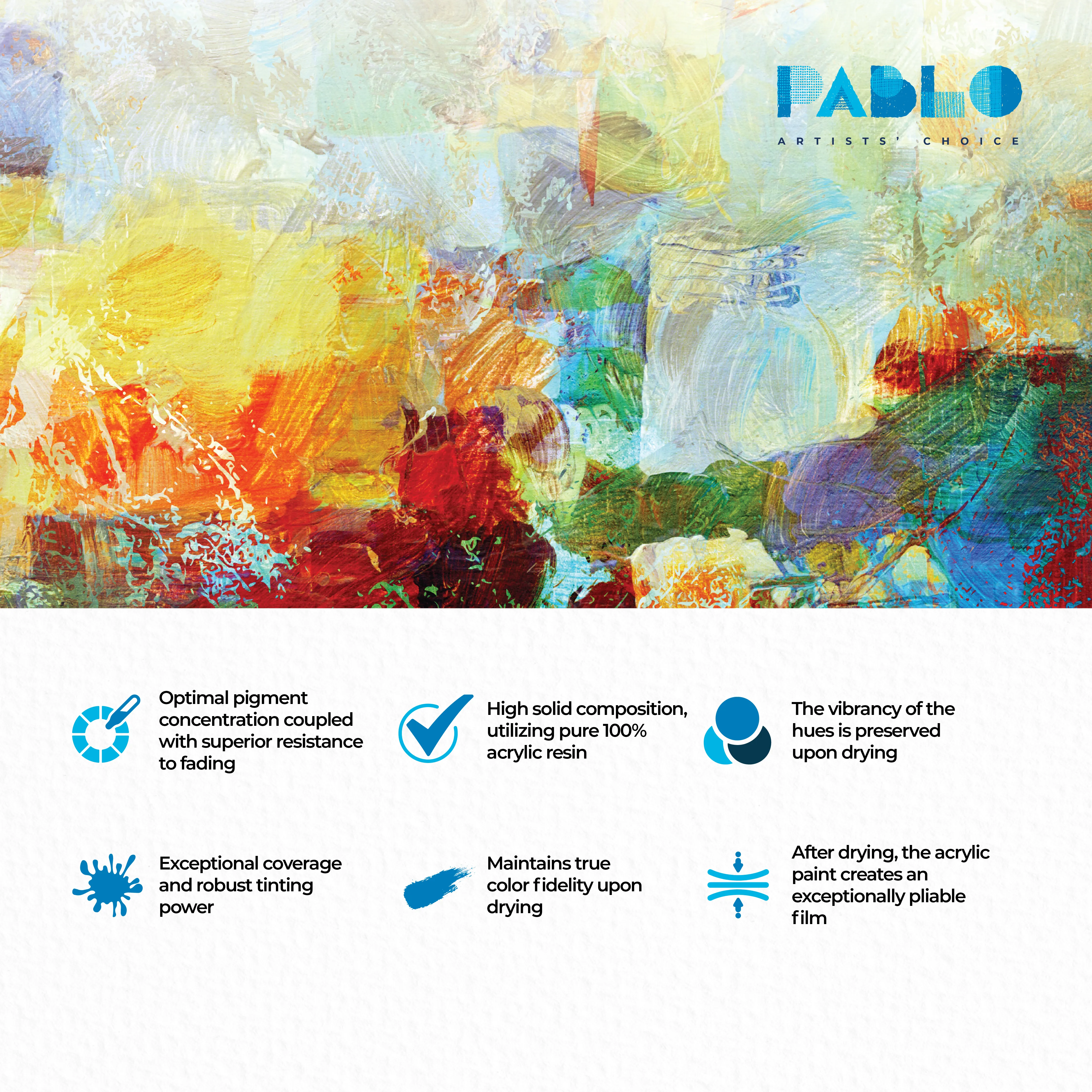 Pablo Acrylic Paint Set Professional, Six Essential Primary Colors (Black, Blue, White, Green, Yellow, Red) - Versatile, Premium Quality Paint for Canvas, Fabric, & Wood, (2.02 fl oz/60ml) Pack of 6