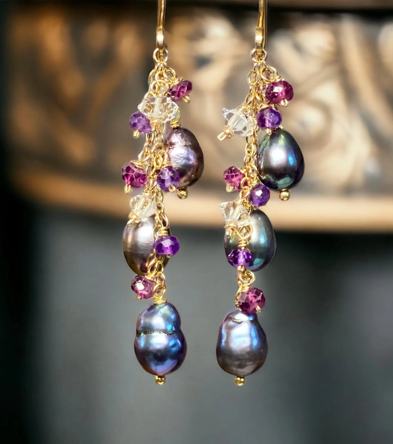 Peacock Edison Pearl Dainty Dangle Earrings with Amethyst, Garnet, Herkimer Diamonds