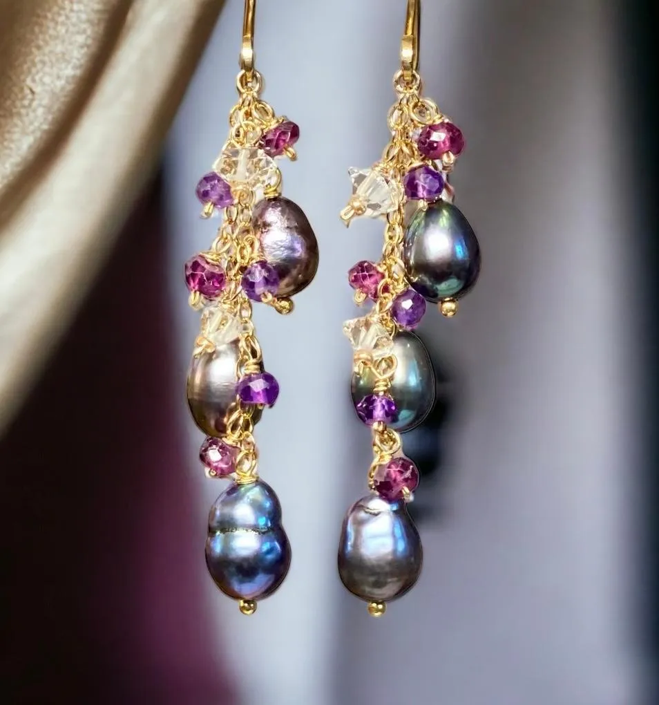 Peacock Edison Pearl Dainty Dangle Earrings with Amethyst, Garnet, Herkimer Diamonds