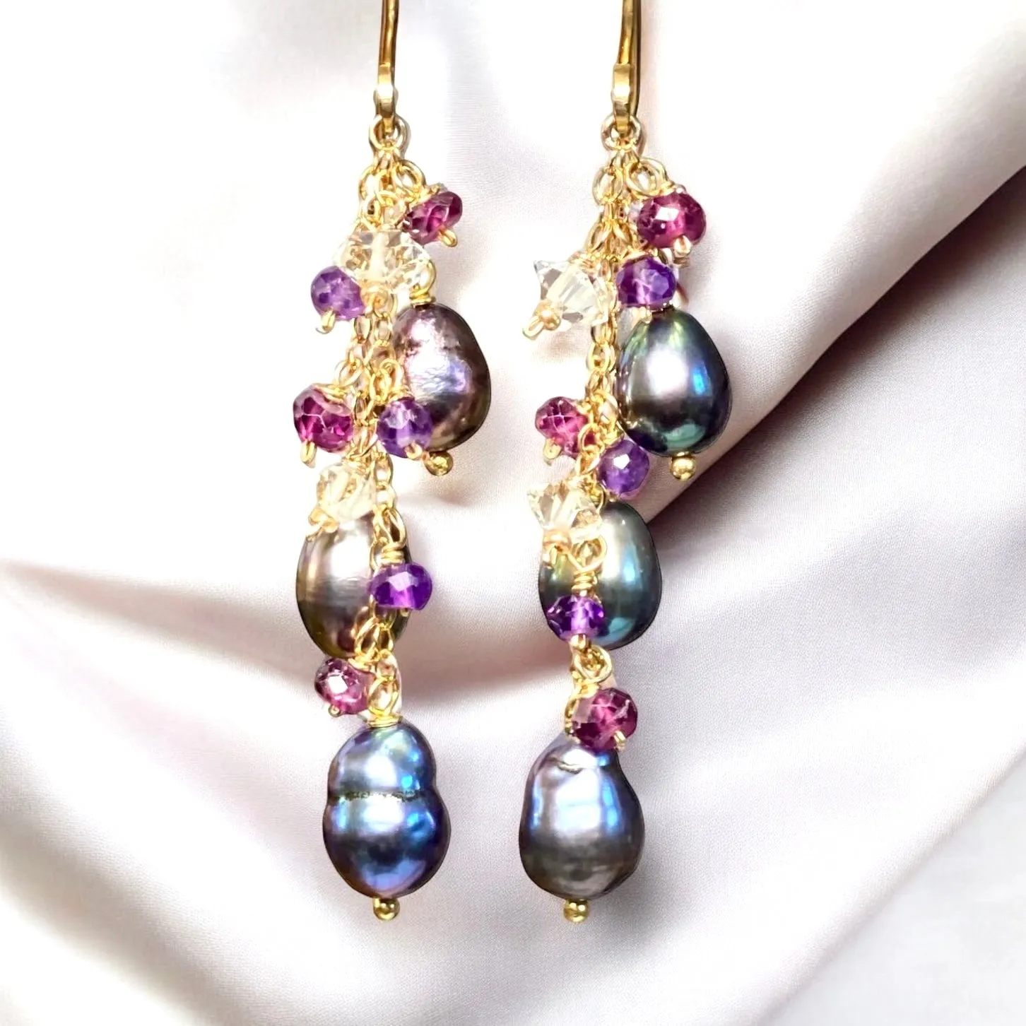 Peacock Edison Pearl Dainty Dangle Earrings with Amethyst, Garnet, Herkimer Diamonds