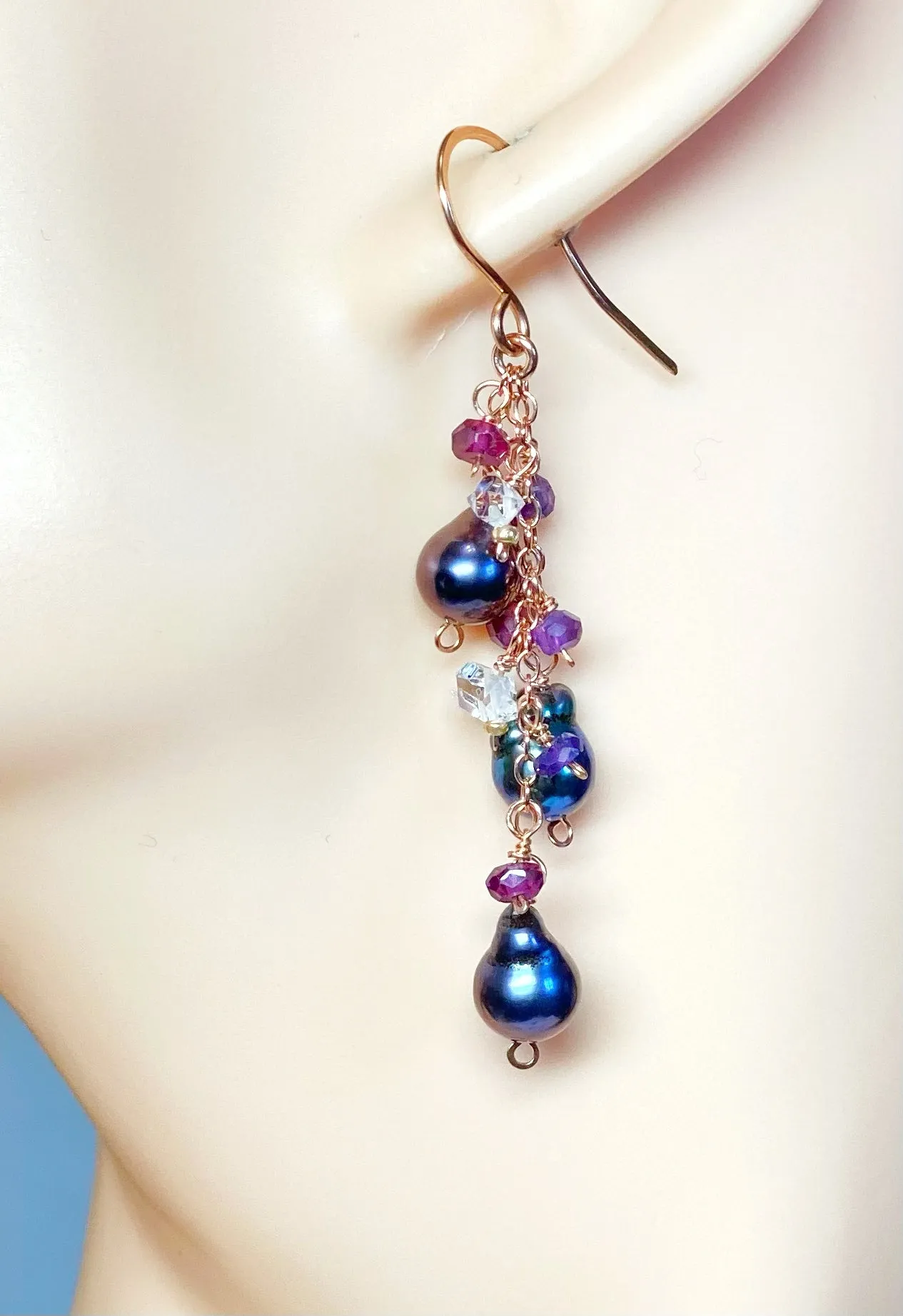 Peacock Edison Pearl Dainty Dangle Earrings with Amethyst, Garnet, Herkimer Diamonds