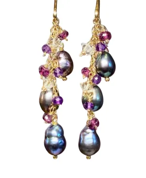 Peacock Edison Pearl Dainty Dangle Earrings with Amethyst, Garnet, Herkimer Diamonds