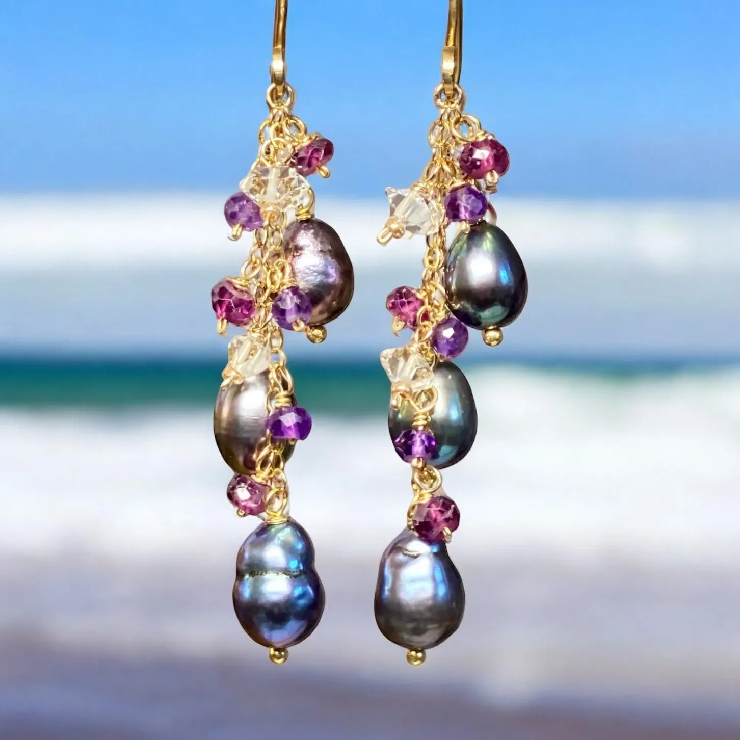 Peacock Edison Pearl Dainty Dangle Earrings with Amethyst, Garnet, Herkimer Diamonds