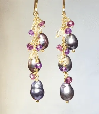 Peacock Edison Pearl Dainty Dangle Earrings with Amethyst, Garnet, Herkimer Diamonds