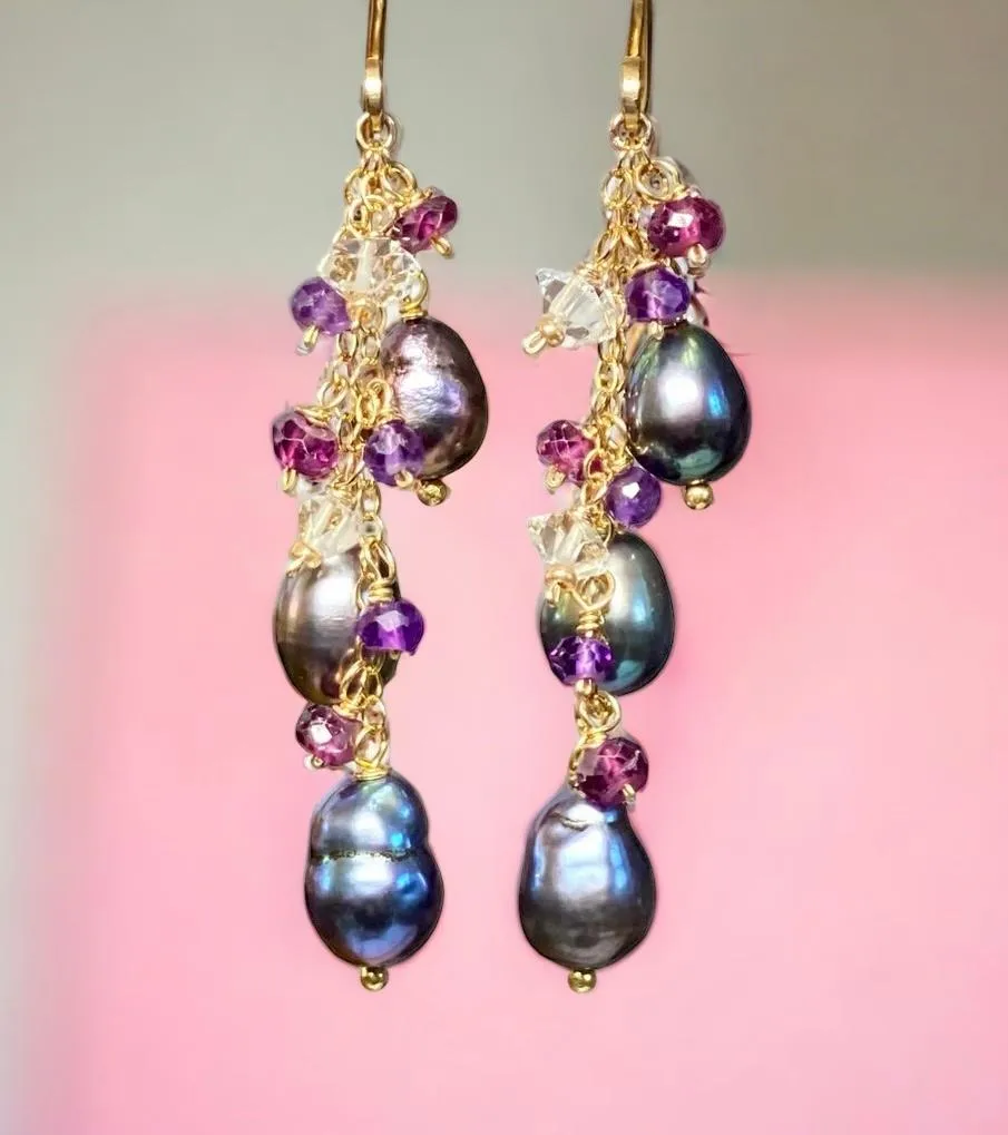 Peacock Edison Pearl Dainty Dangle Earrings with Amethyst, Garnet, Herkimer Diamonds