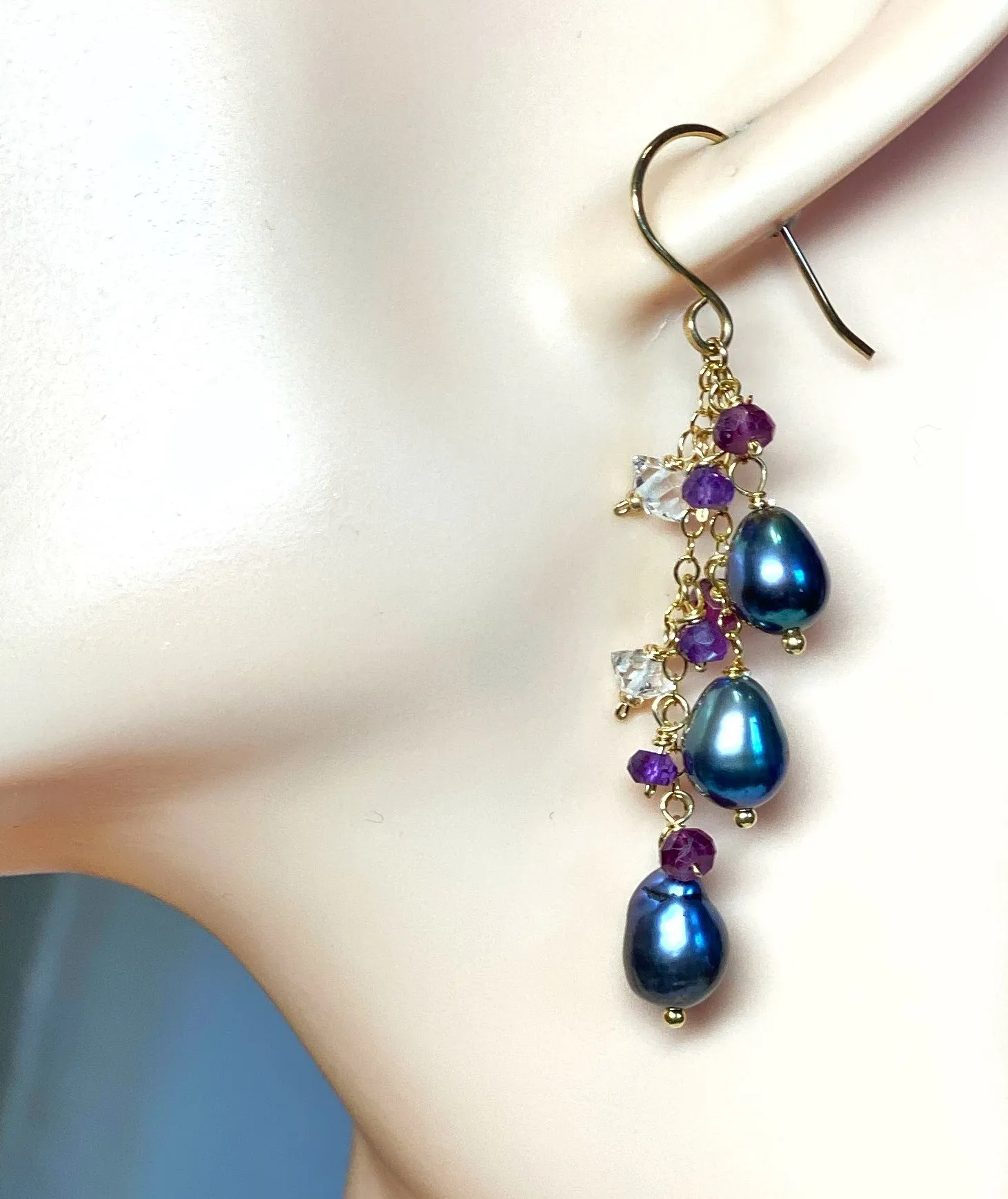 Peacock Edison Pearl Dainty Dangle Earrings with Amethyst, Garnet, Herkimer Diamonds