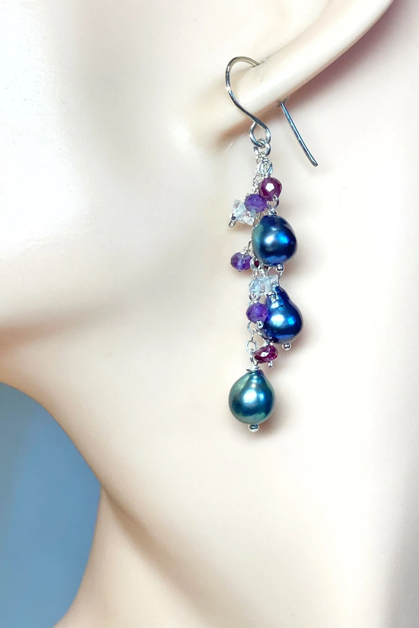Peacock Edison Pearl Dainty Dangle Earrings with Amethyst, Garnet, Herkimer Diamonds