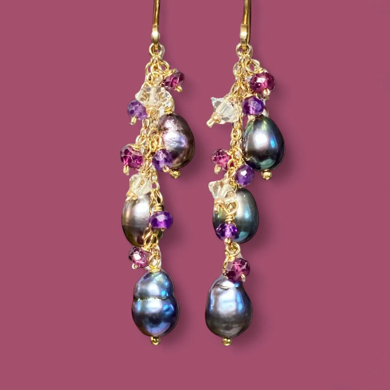 Peacock Edison Pearl Dainty Dangle Earrings with Amethyst, Garnet, Herkimer Diamonds