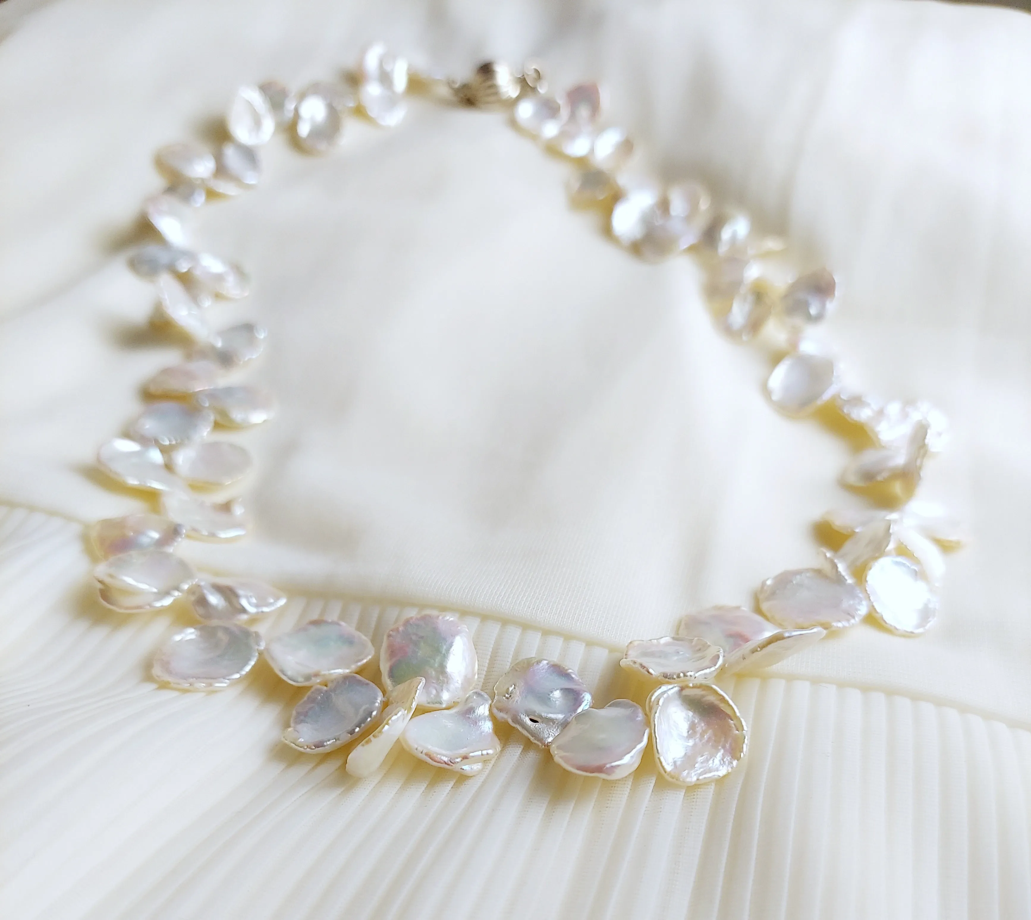 Petal Freshwater Pearl Necklace, Hand knotted Natural Pearls, Wedding Pearl Necklace.
