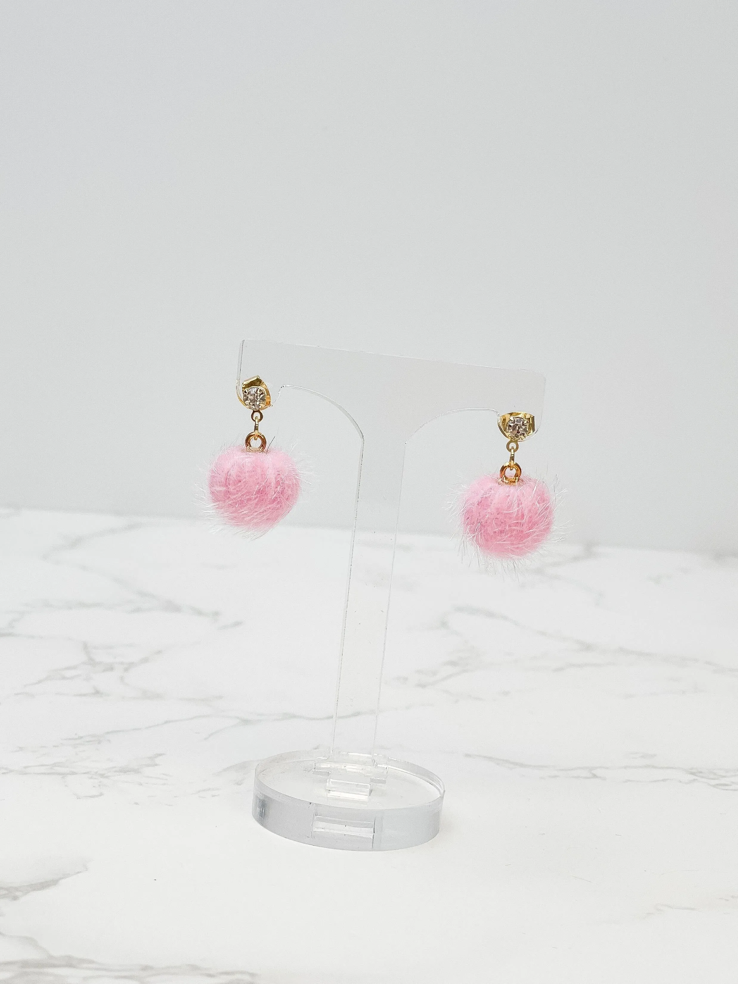 Pom Post Dangle Earrings - Pink