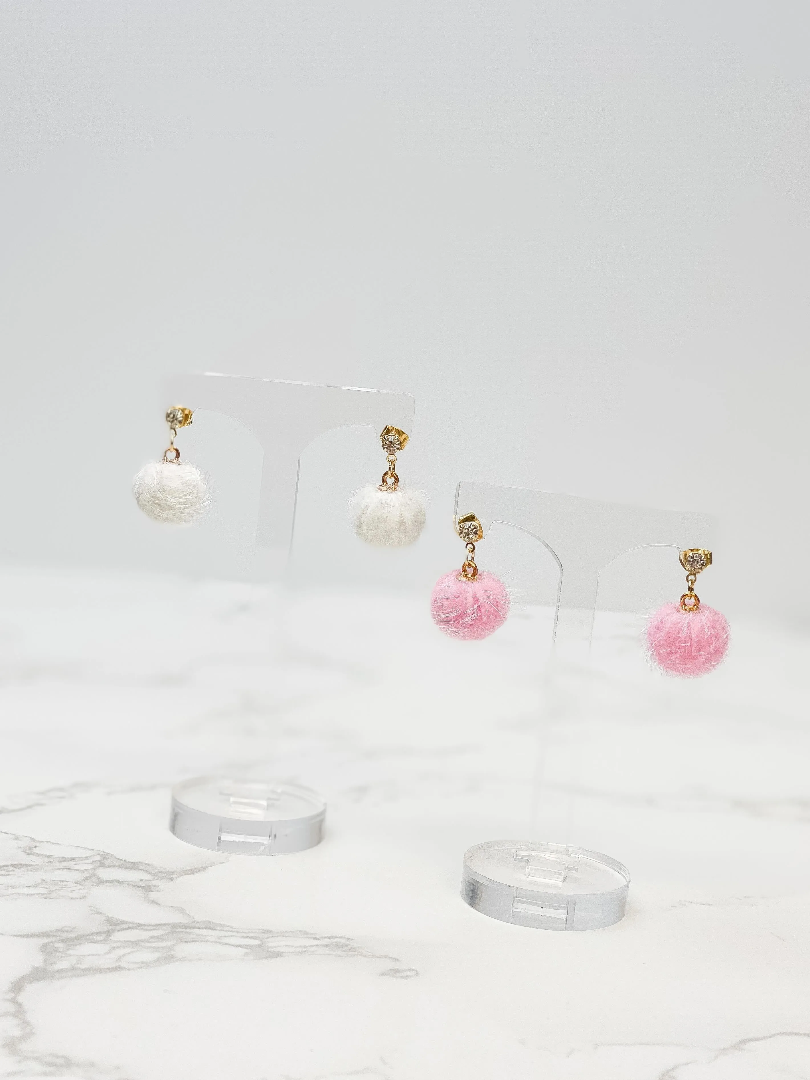 Pom Post Dangle Earrings - White