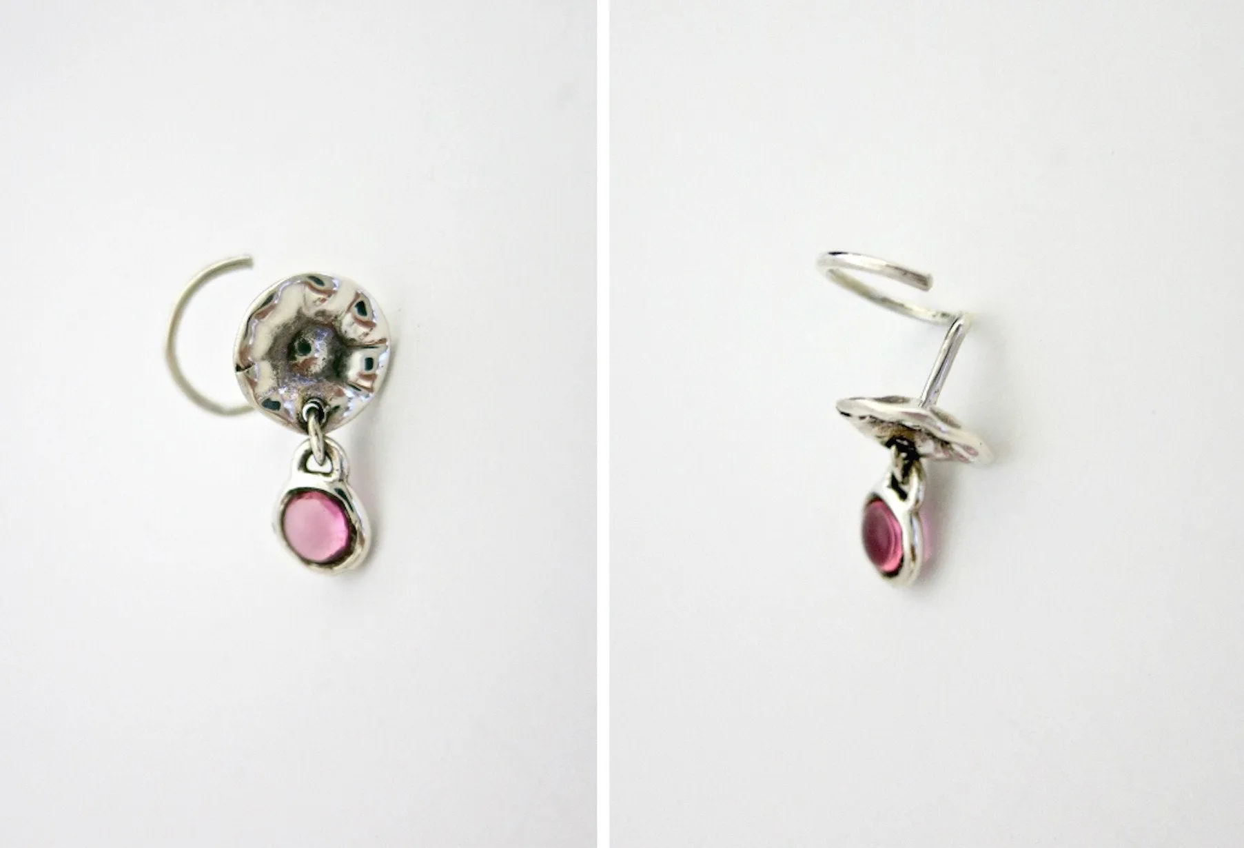 Quirky, hammer-finish, dangling pink-stone nose pin