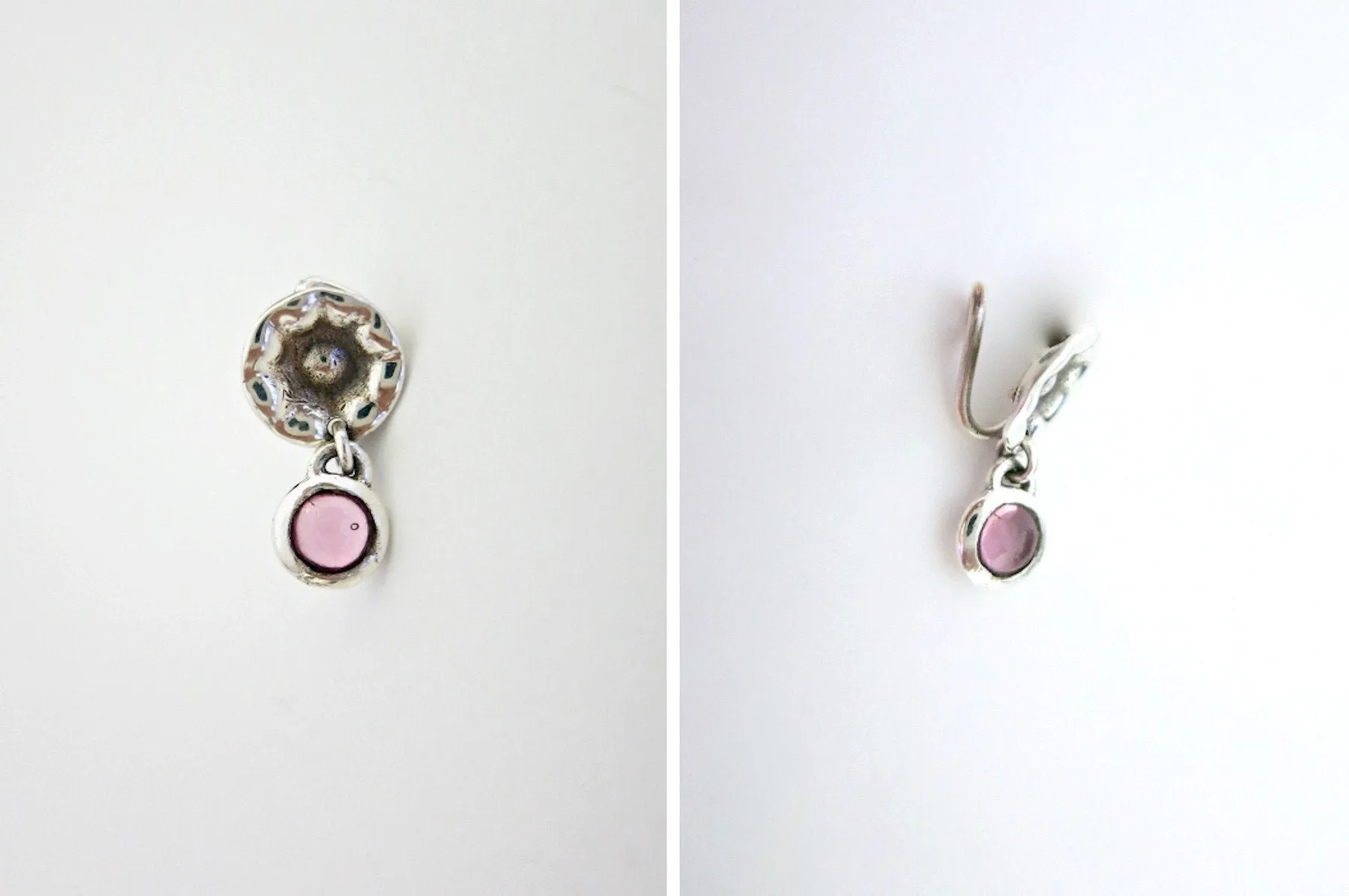 Quirky, hammer-finish, dangling pink-stone nose pin