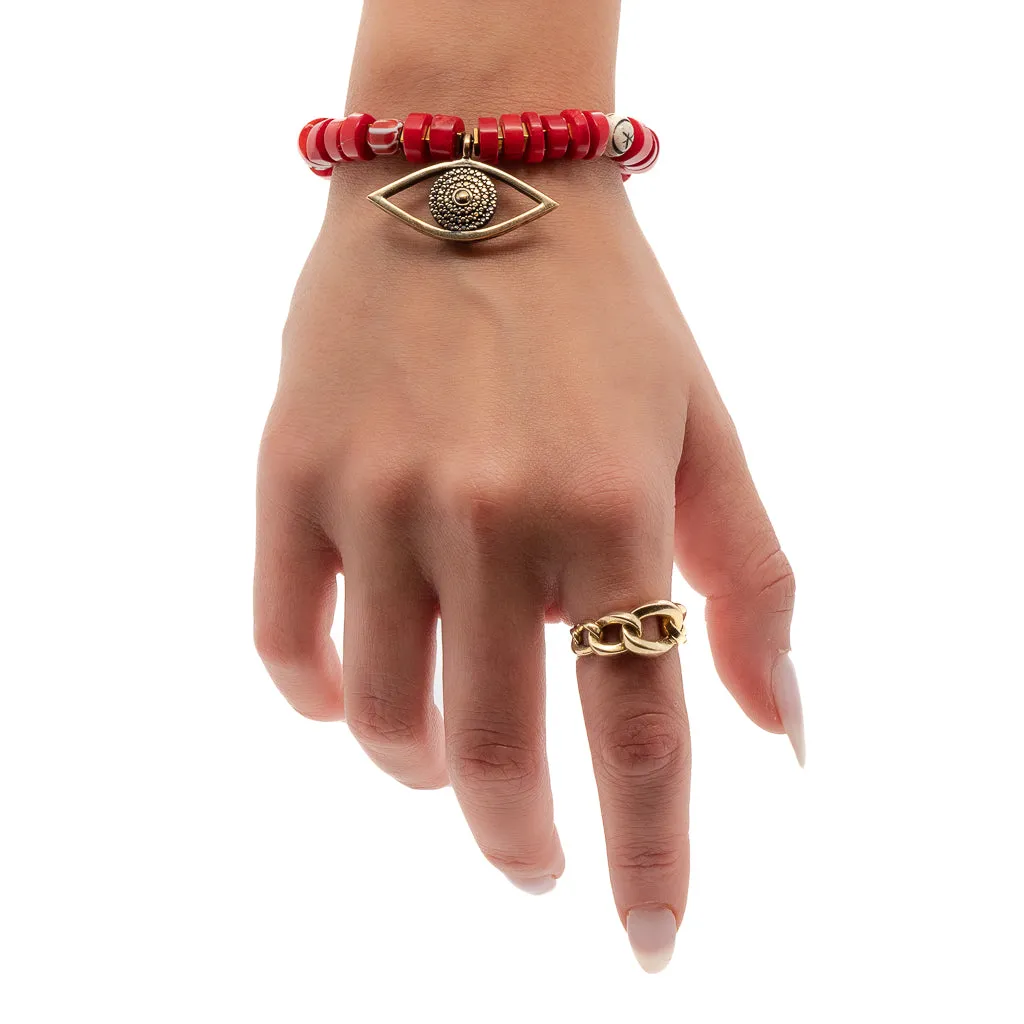 Red Coral Chunky Evil Eye Beaded Bracelet