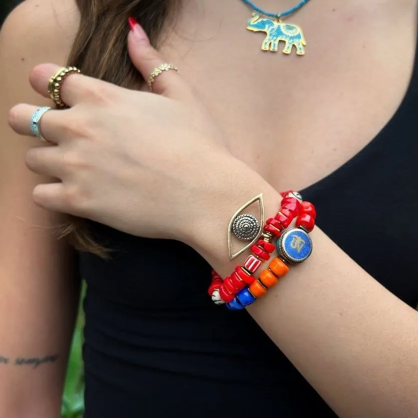 Red Coral Chunky Evil Eye Beaded Bracelet