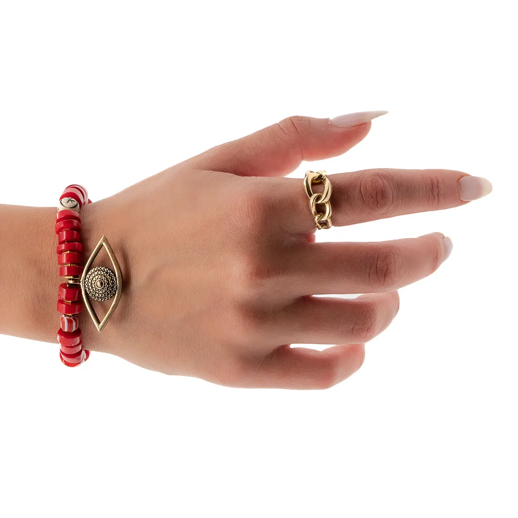 Red Coral Chunky Evil Eye Beaded Bracelet