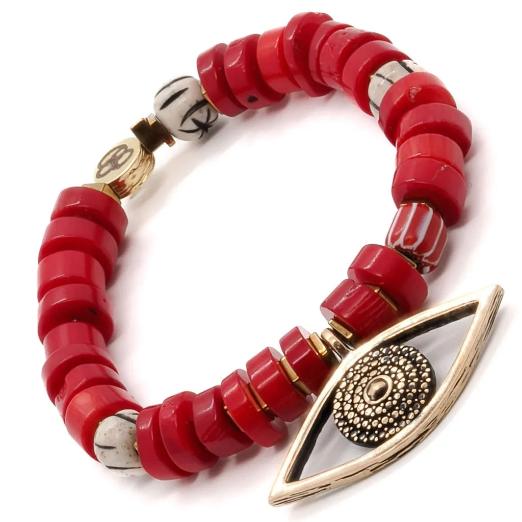 Red Coral Chunky Evil Eye Beaded Bracelet