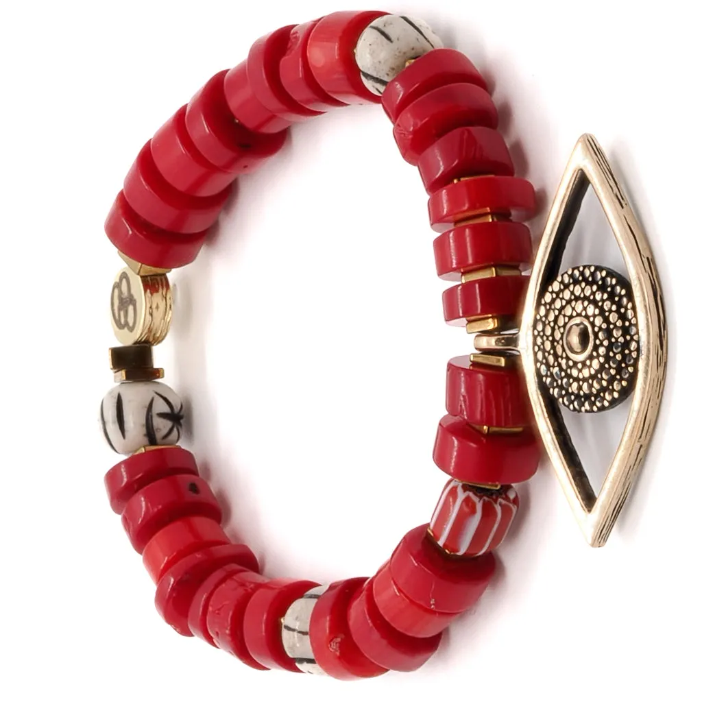 Red Coral Chunky Evil Eye Beaded Bracelet