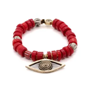 Red Coral Chunky Evil Eye Beaded Bracelet