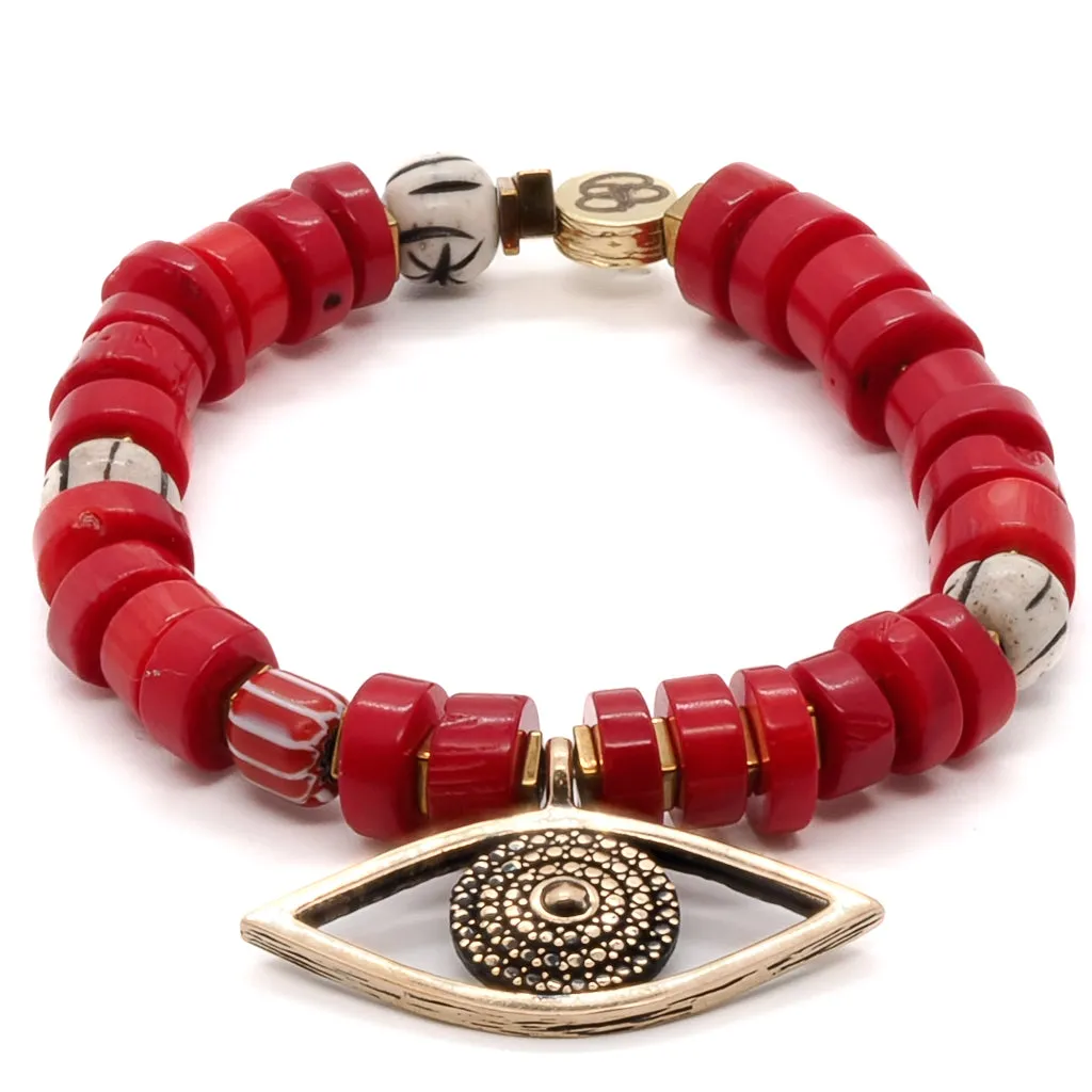 Red Coral Chunky Evil Eye Beaded Bracelet
