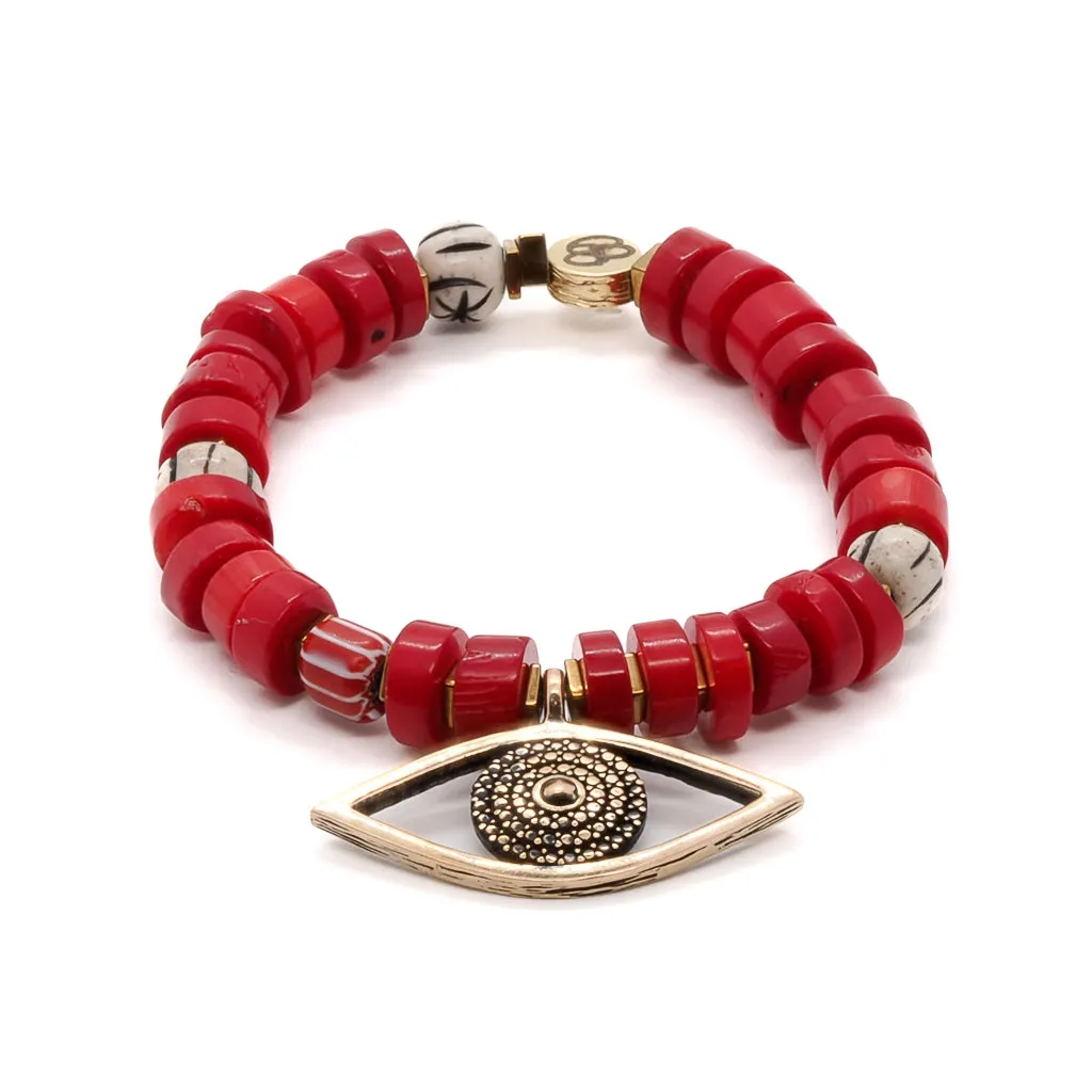 Red Coral Chunky Evil Eye Beaded Bracelet