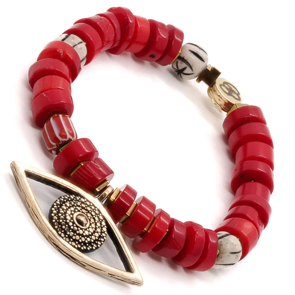 Red Coral Chunky Evil Eye Beaded Bracelet