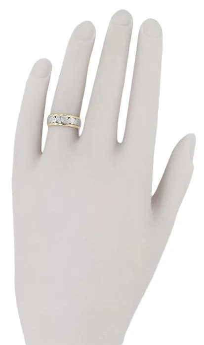 Retro Mixed Metals Wide Vintage Wedding Band in 14 Karat White and Yellow Gold - Size 4.75