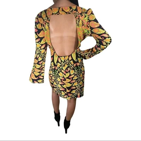 Retro Large ZARA Long Sleeve Black Mini Dress with MultiColor Paisley Designs.