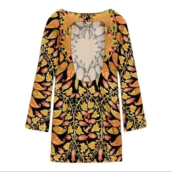 Retro Large ZARA Long Sleeve Black Mini Dress with MultiColor Paisley Designs.