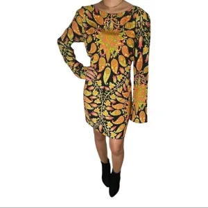 Retro Large ZARA Long Sleeve Black Mini Dress with MultiColor Paisley Designs.