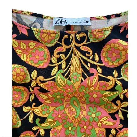 Retro Large ZARA Long Sleeve Black Mini Dress with MultiColor Paisley Designs.