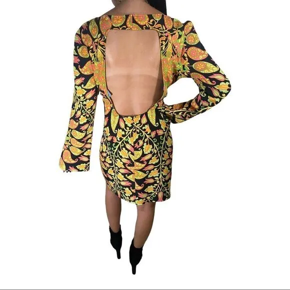 Retro Large ZARA Long Sleeve Black Mini Dress with MultiColor Paisley Designs.