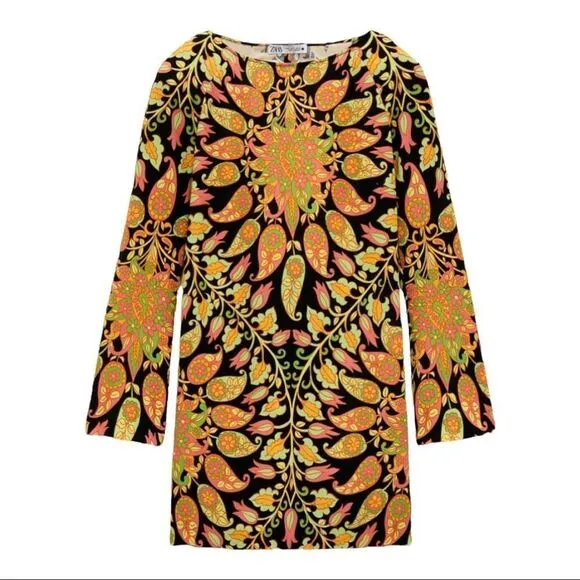 Retro Large ZARA Long Sleeve Black Mini Dress with MultiColor Paisley Designs.
