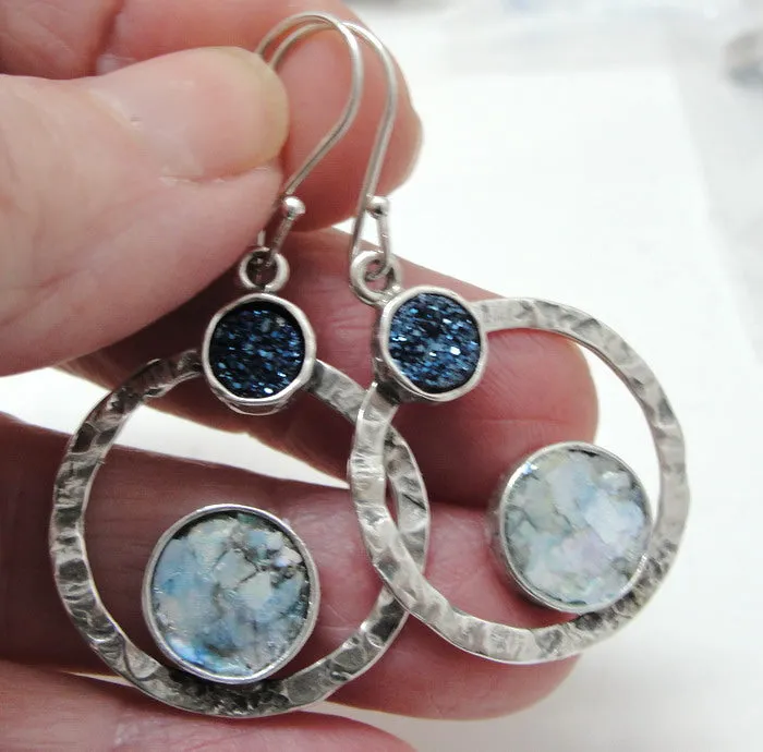 Roman Glass Earrings Blue Druzi 925 Sterling Silver Hadar Designers (as 404712)