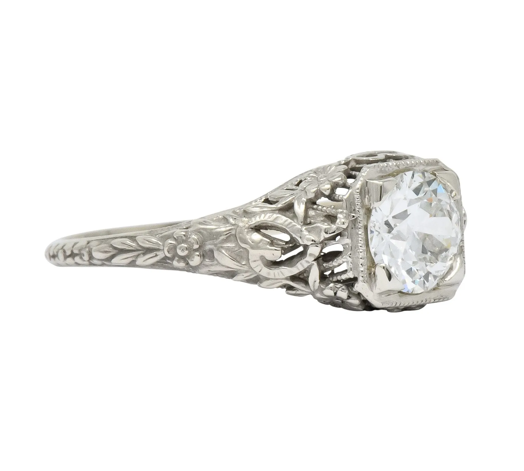 Romantic Edwardian 0.73 CTS Diamond 14 Karat White Gold Engagement Ring GIA