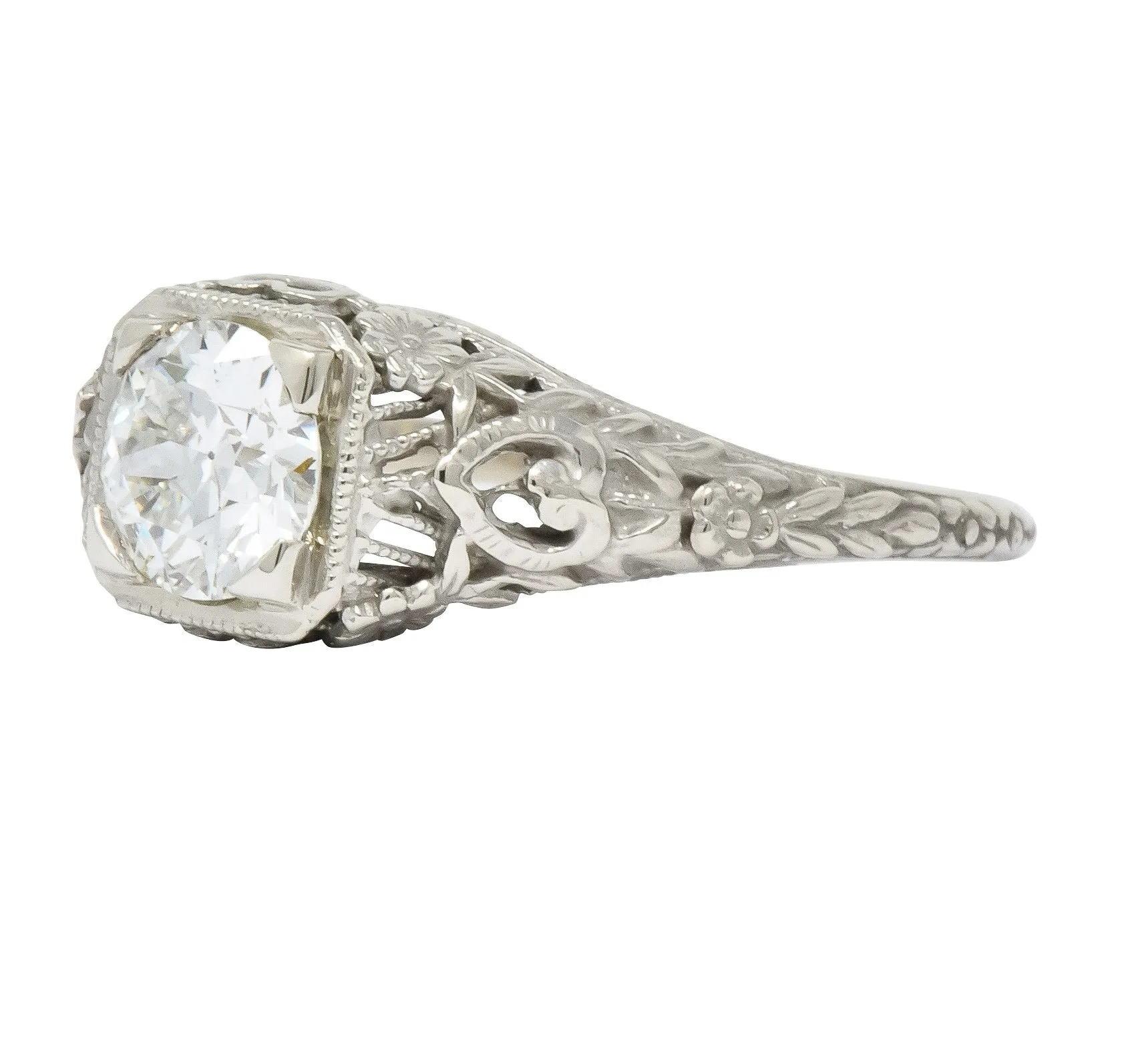Romantic Edwardian 0.73 CTS Diamond 14 Karat White Gold Engagement Ring GIA