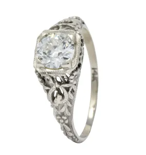 Romantic Edwardian 0.73 CTS Diamond 14 Karat White Gold Engagement Ring GIA