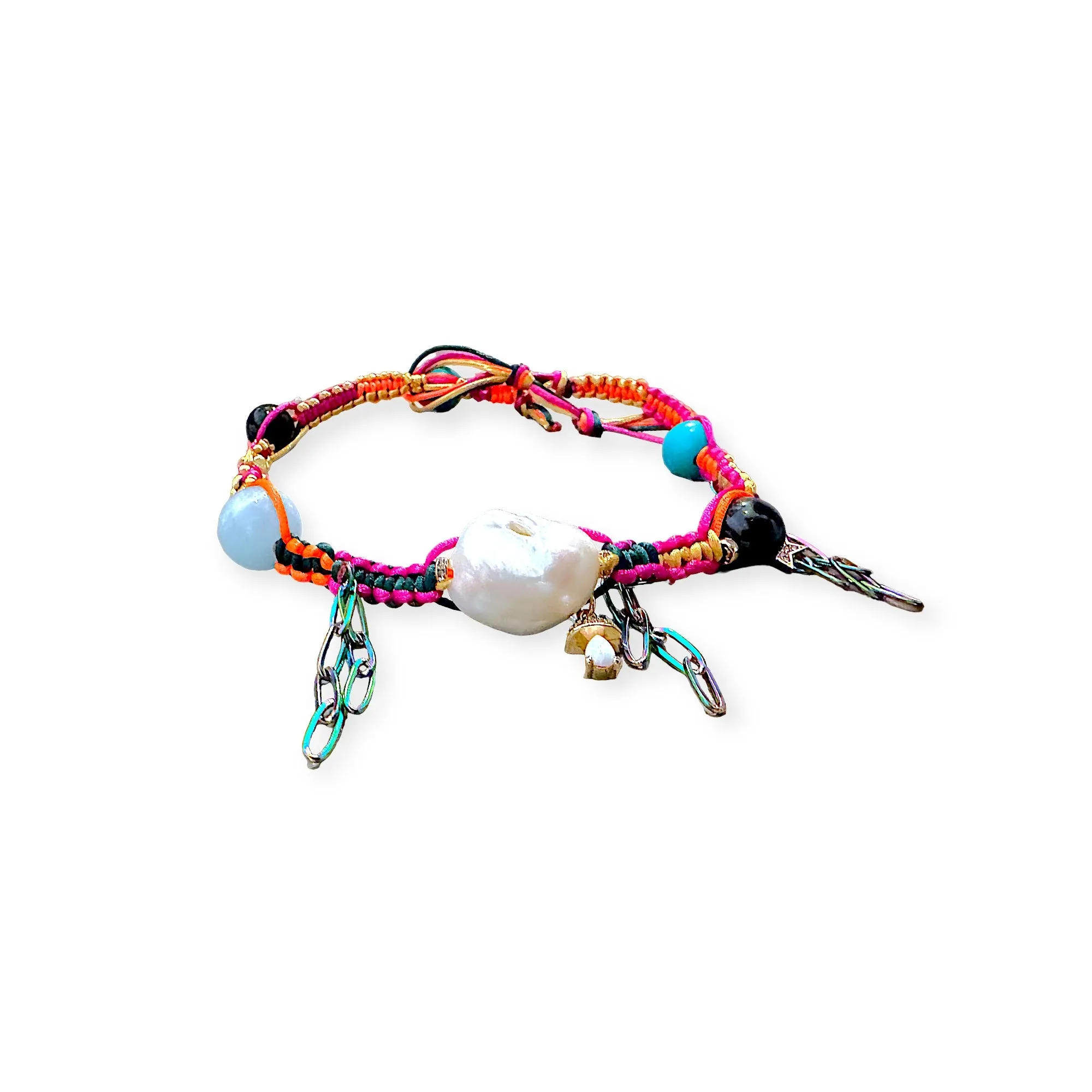 SANTORINI PSYCHEDELIC SUNSET SKY BAROQUE PEARL LUCKY CHARM SILK ROCKER CHOKER