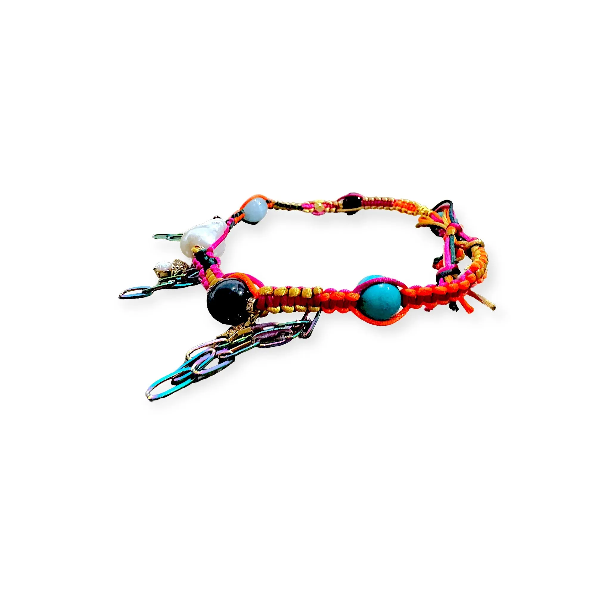 SANTORINI PSYCHEDELIC SUNSET SKY BAROQUE PEARL LUCKY CHARM SILK ROCKER CHOKER