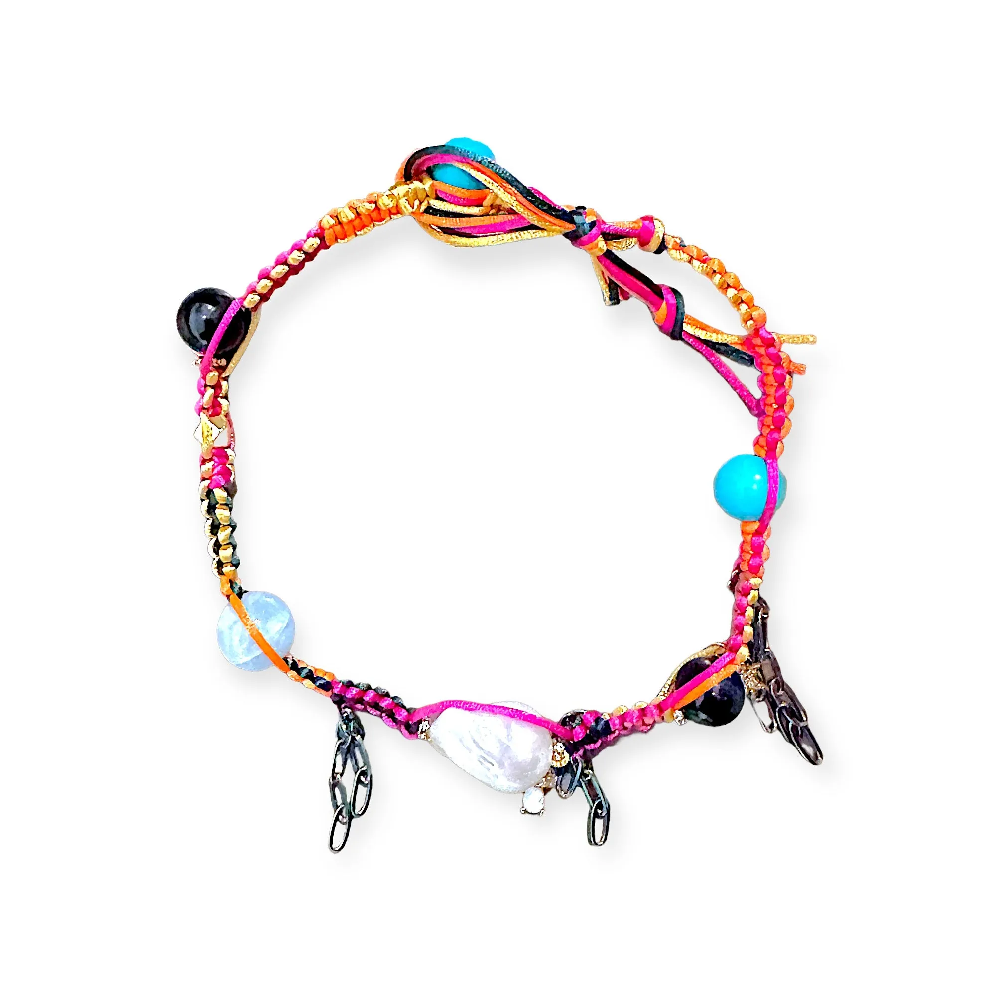 SANTORINI PSYCHEDELIC SUNSET SKY BAROQUE PEARL LUCKY CHARM SILK ROCKER CHOKER
