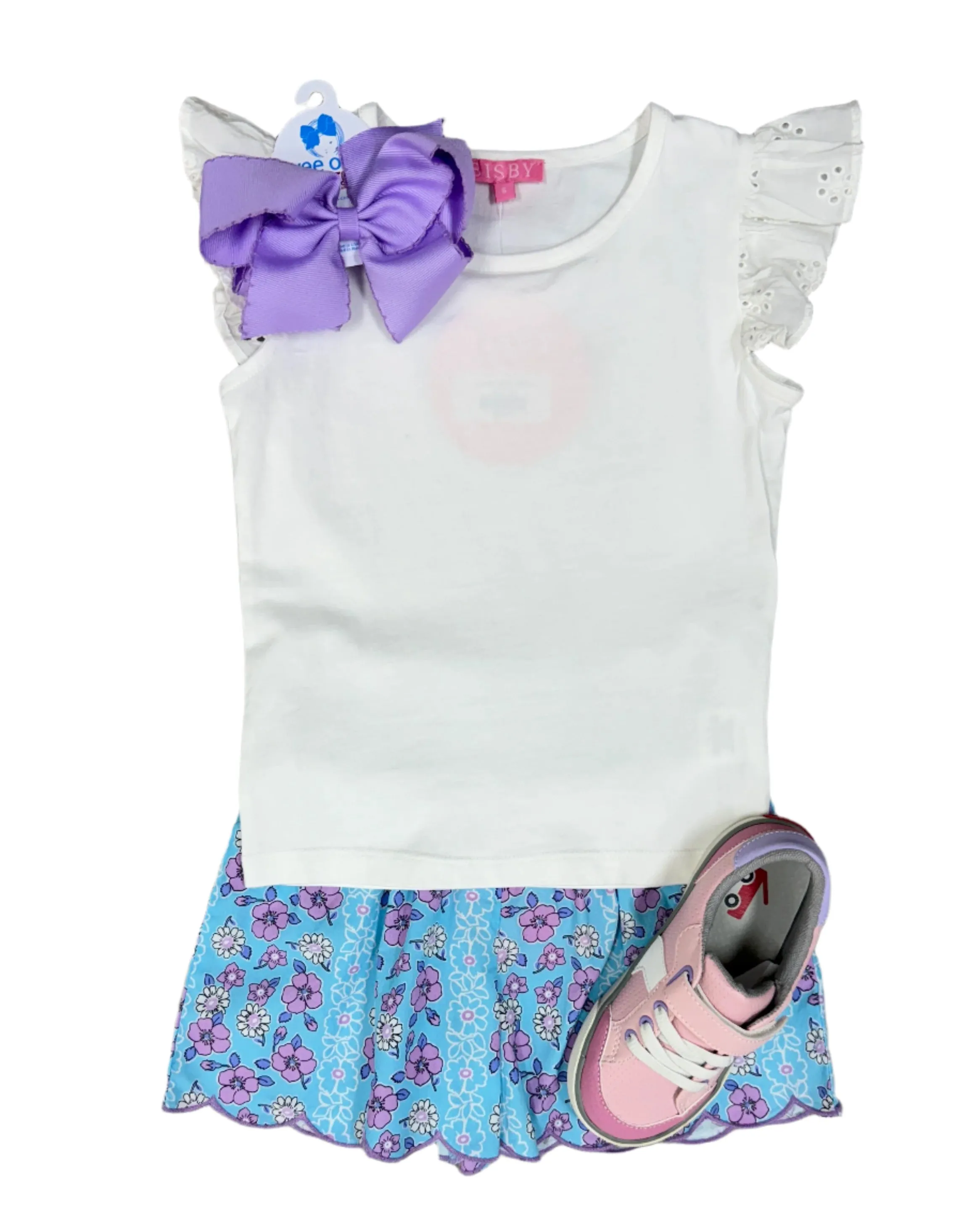 Shirred Scalloped Shorts - Marguerite Floral Aqua
