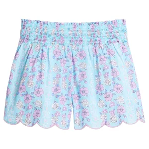 Shirred Scalloped Shorts - Marguerite Floral Aqua